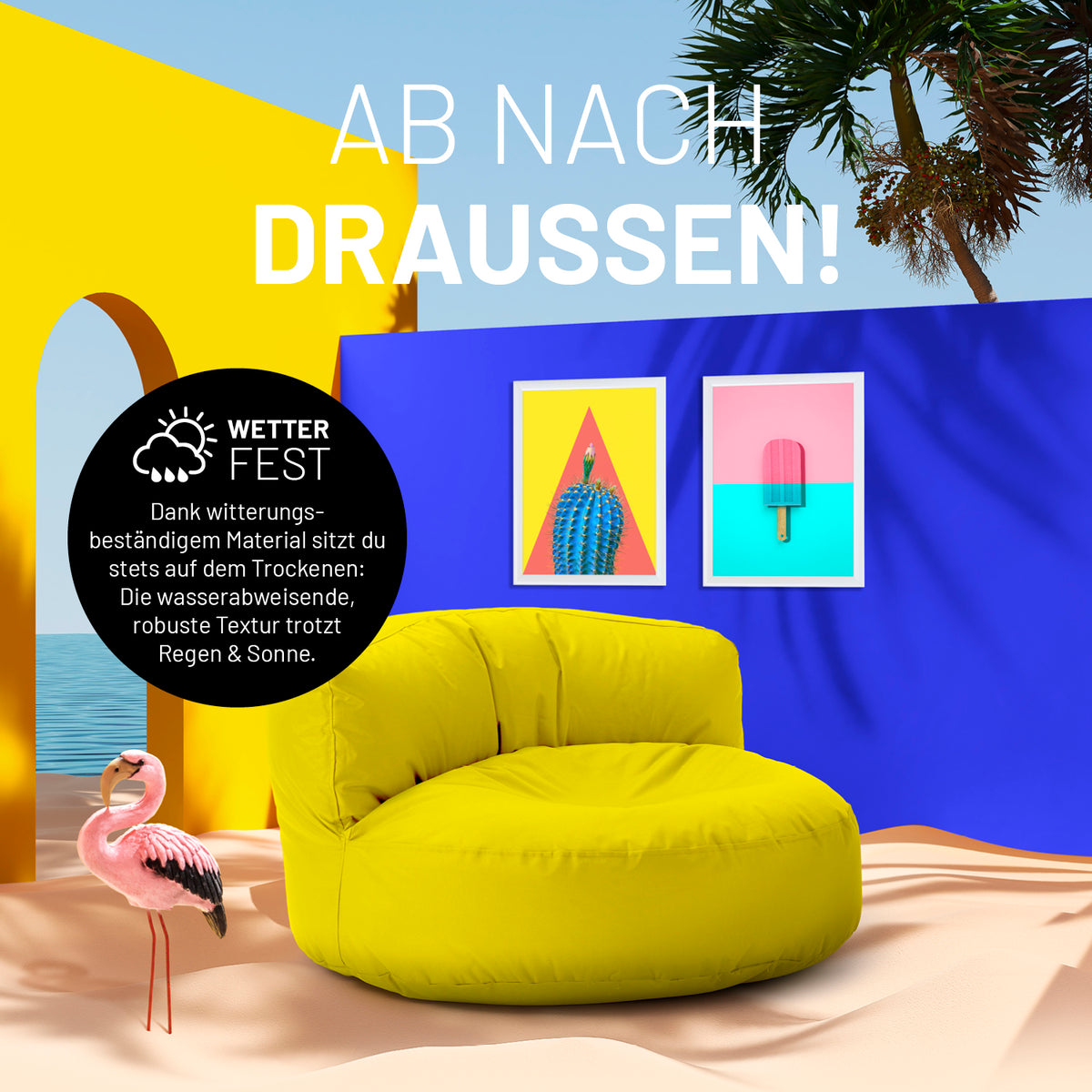 Sitzsack Lounge (320 L) – gelber wetterfester Sitzsack für drinnen & draußen, leicht, robust und pflegeleicht.