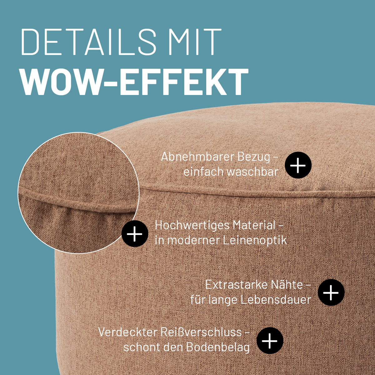 Comfort Line Sitzsack-Hocker/Pouf (50 L) Braun mit abnehmbarem Bezug, hochwertigem Material, extra starken Nähten und verdecktem Reißverschluss.