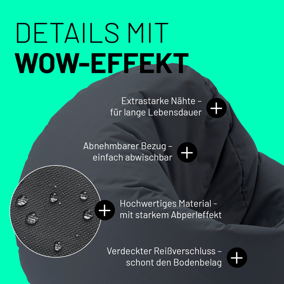 Sitzsack Drops (300 L) Stahlgrau mit extrastarken Nähten, abnehmbarem Bezug, Abperleffekt und verdecktem Reißverschluss für drinnen & draußen.