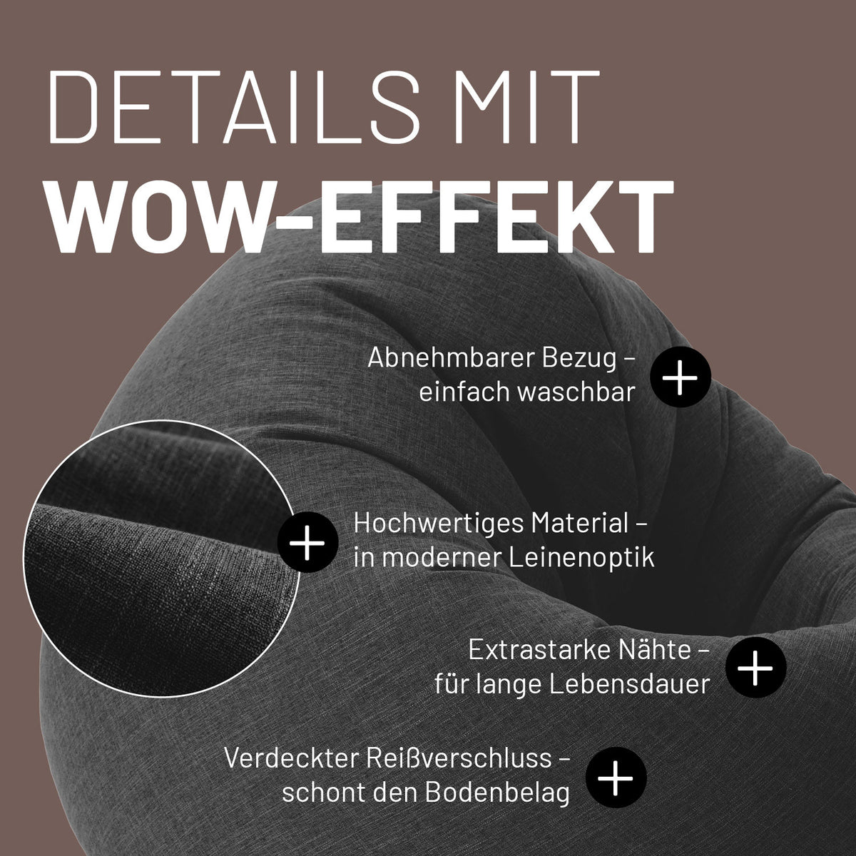 Sitzsack Interior Line (300 L) Dunkelgrau mit abnehmbarem Bezug, Leinenoptik, extrastarken Nähten und verdecktem Reißverschluss.