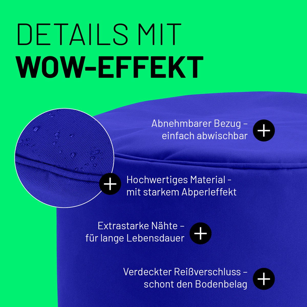 Sitzsack-Hocker/Pouf (50 L) Royalblau mit abnehmbarem Bezug, starkem Abperleffekt, extrastarken Nähten und verdecktem Reißverschluss.