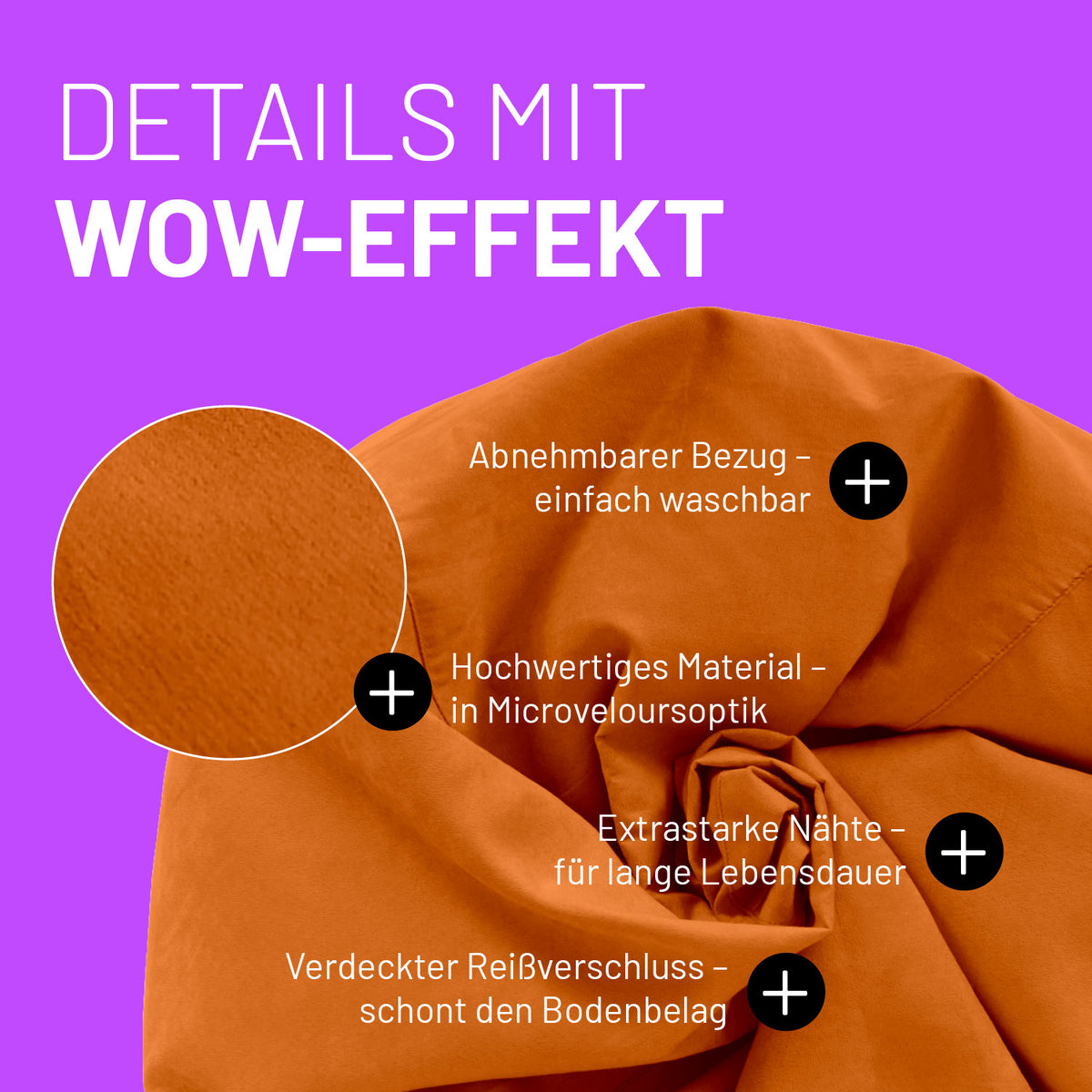 Luxury XL Sitzsack (120 L) - orange mit abnehmbarem Bezug, Microveloursoptik, starken Nähten und verdecktem Reißverschluss von Lumaland.