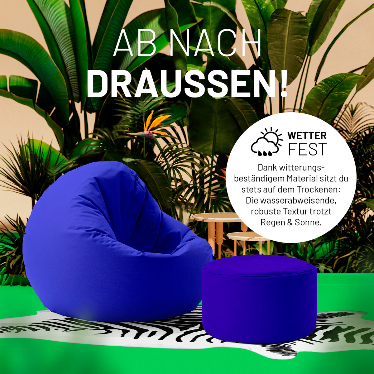 Sitzsack-Hocker/Pouf (50 L) Royalblau, wetterfest, leicht, vielseitig für indoor & outdoor, mit robustem, wasserabweisendem Material.