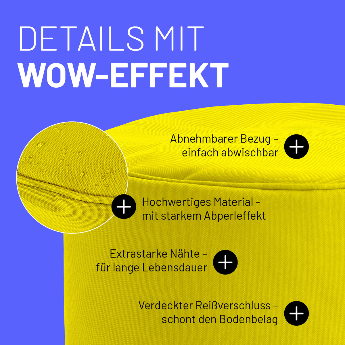 Sitzsack-Hocker/Pouf (50 L) Gelb mit abnehmbarem Bezug, starkem Abperleffekt, extrastarken Nähten und verdecktem Reißverschluss für Indoor & Outdoor.