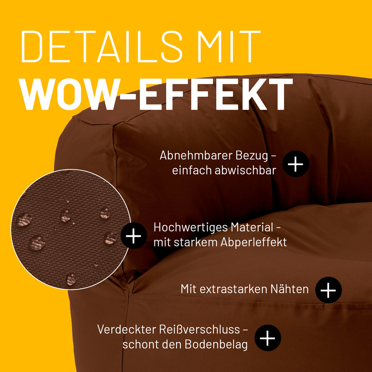 Sitzsack Lounge (320 L) Braun mit abnehmbarem Bezug, starkem Abperleffekt, extrastarken Nähten und verdecktem Reißverschluss.