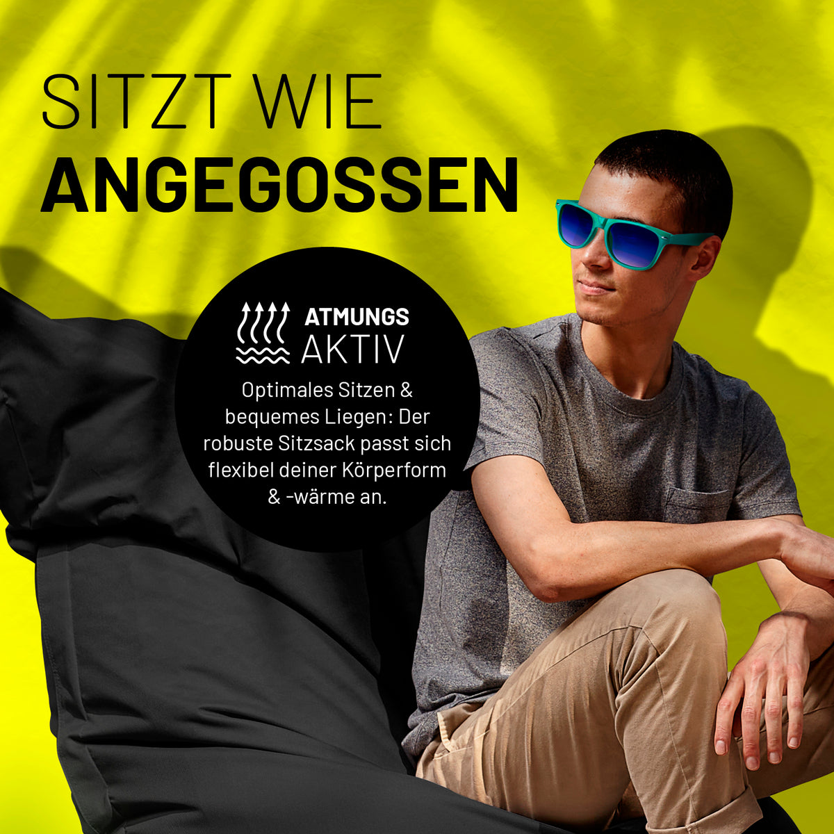 Sitzsack Classic XXL (380 L) schwarz, atmungsaktiv, flexibel anpassbar, optimal für drinnen und draußen, robust mit extra starker Naht.
