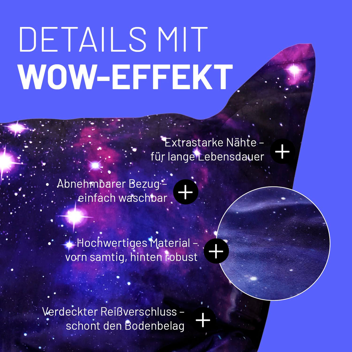 Sitzsack Classic XXL (380 L) mit Special Edition Galaxy Design, extrastarke Nähte, abnehmbarer Bezug und verdeckter Reißverschluss.