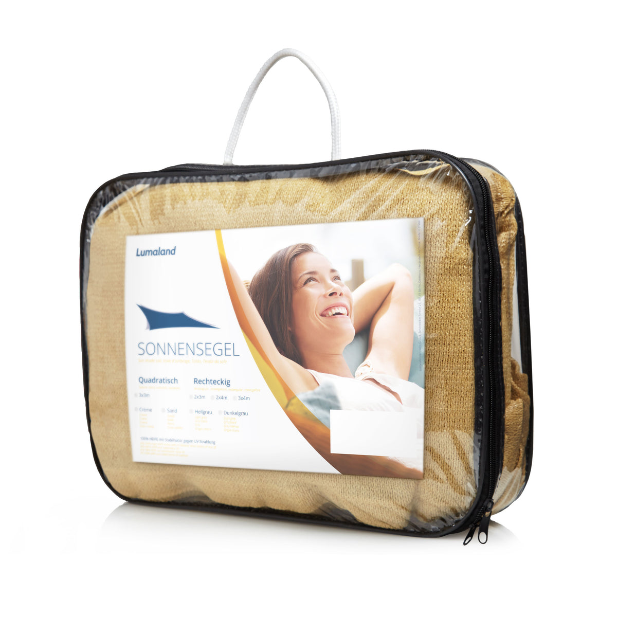 Sonnensegel 100% HDPE mit Stabilisator für UV-Schutz - Rechteck 2 x 4 Meter - Sand in praktischer Verpackung mit Griff.
