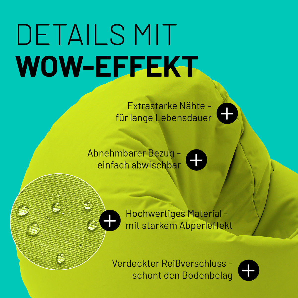 Sitzsack Drops (300 L) Apfelgrün mit extrastarken Nähten, abnehmbarem Bezug, Abperleffekt und verdecktem Reißverschluss für innen & außen.