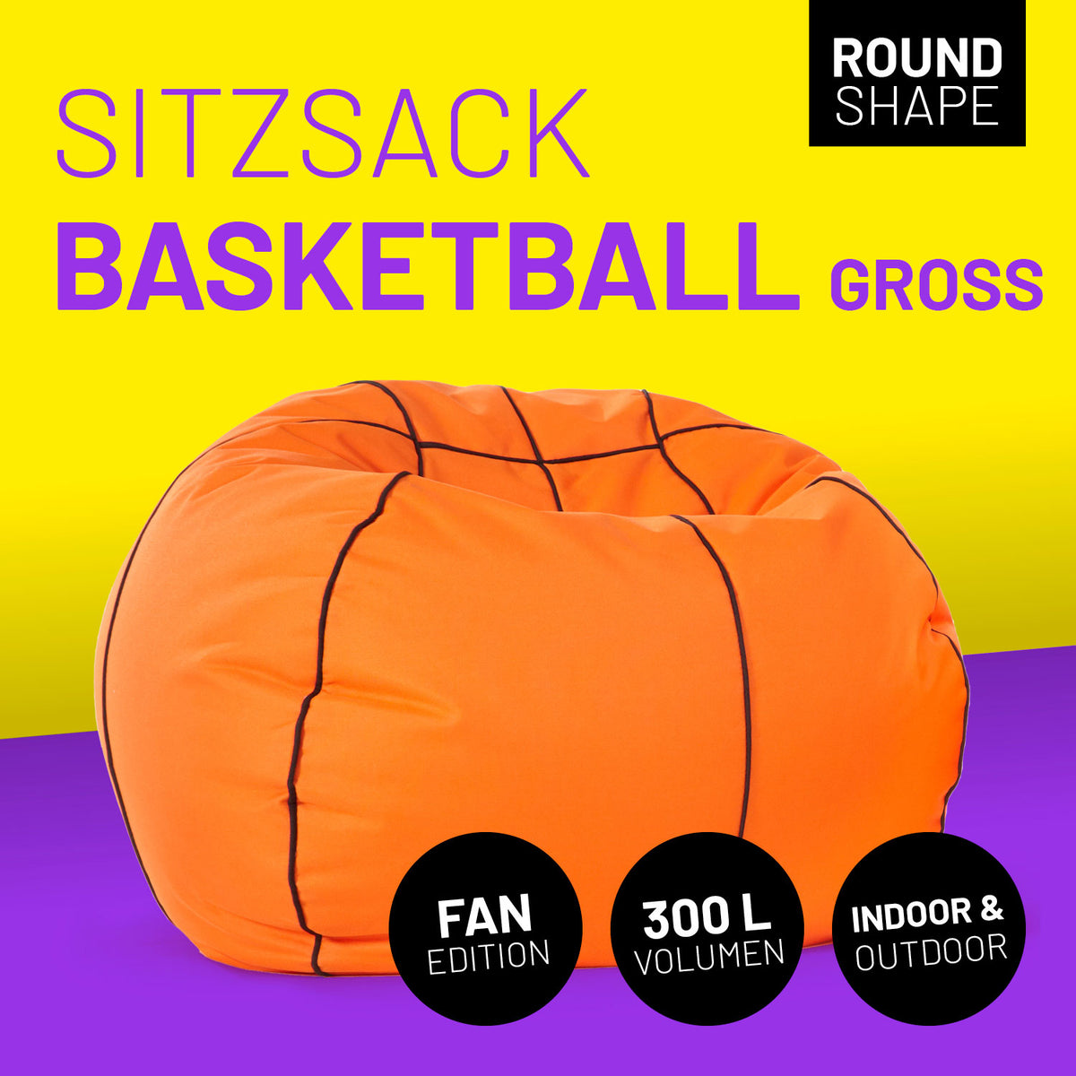 Luxury Basketball Sitzsack (300 L) - großer, runder Sitzsack im Basketball-Design für drinnen und draußen.