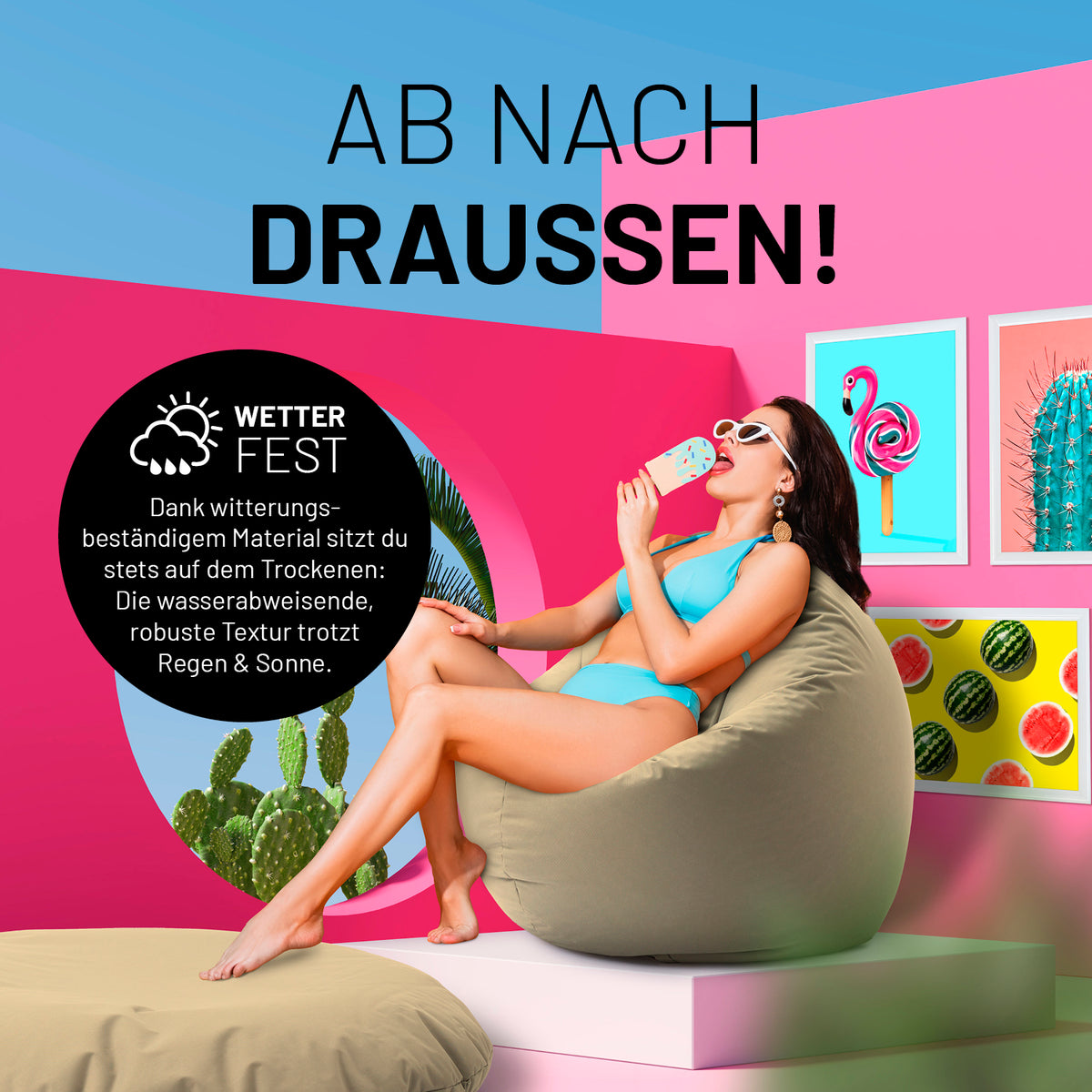 Sitzsack Drops (300 L) beige, wetterfest und wasserabweisend, ideal für drinnen und draußen stilvolles Sitzen und Liegen.