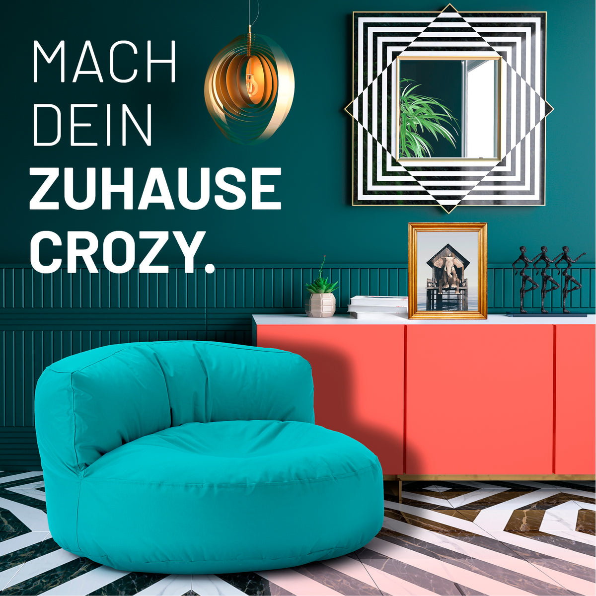 Sitzsack Lounge (320 L) Aquamarin in modernem Raum, gemütlich und stilvoll für drinnen und draußen, pflegeleicht und transportabel.