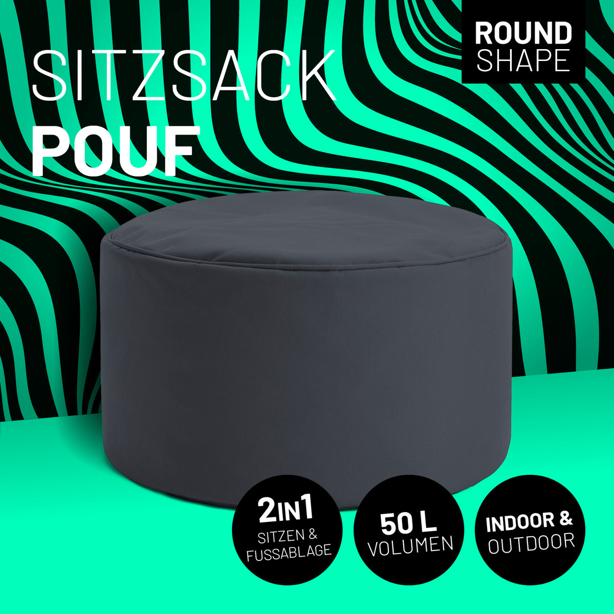 Sitzsack-Hocker/Pouf (50 L) Stahlgrau, multifunktional für indoor & outdoor, leicht, langlebig und pflegeleicht.