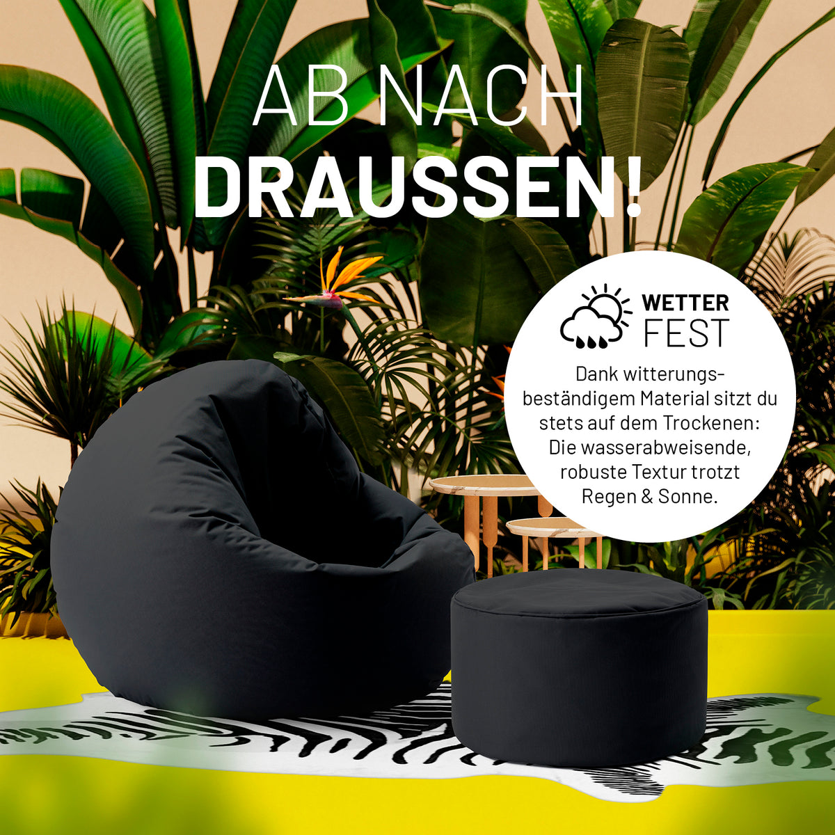 Sitzsack-Hocker/Pouf (50 L) - indoor & outdoor - Schwarz als wetterfester Sitzhocker mit robustem, wasserabweisendem Material.