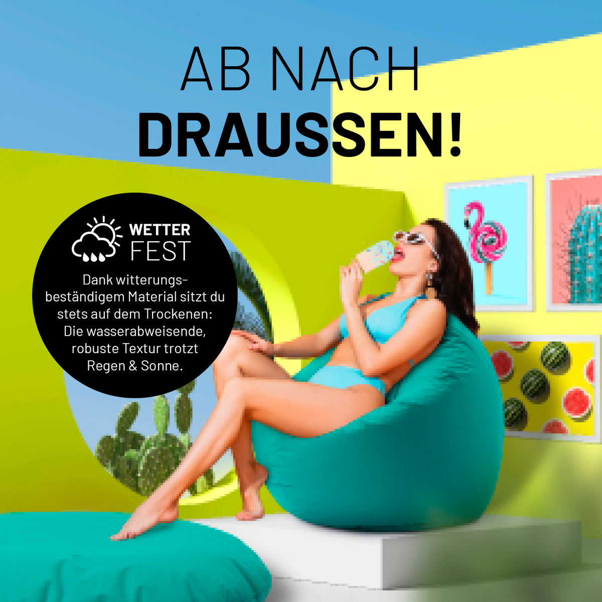 Sitzsack Drops (300 L) Türkis, wetterfest, robust, wasserabweisend, ideal für drinnen und draußen, leichter 4,6 kg Sitzsack mit verdecktem Reißverschluss.