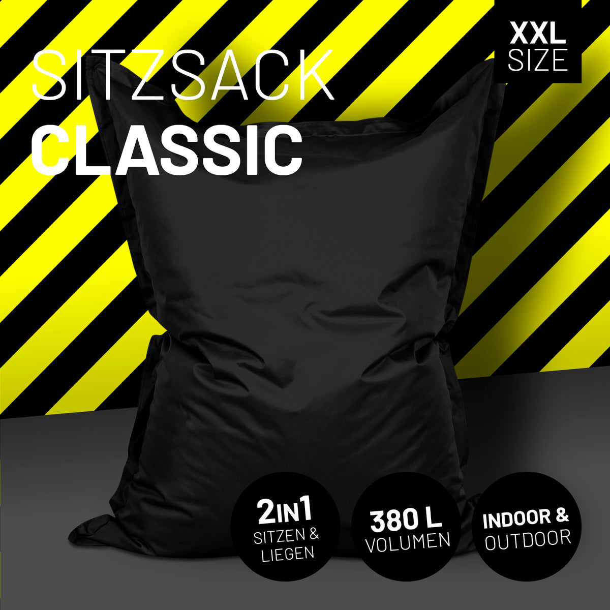 Sitzsack Classic XXL (380 L) in Schwarz, 2in1 für drinnen & draußen, großes Volumen und pflegeleichtes Material.